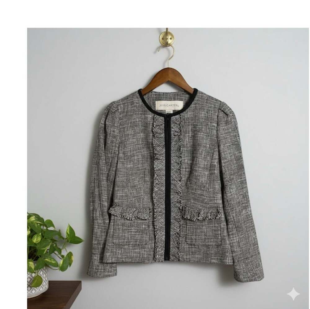 Doncaster Tweed Jacket Small Navy Trim Ruffle Fringe Blazer Preppy